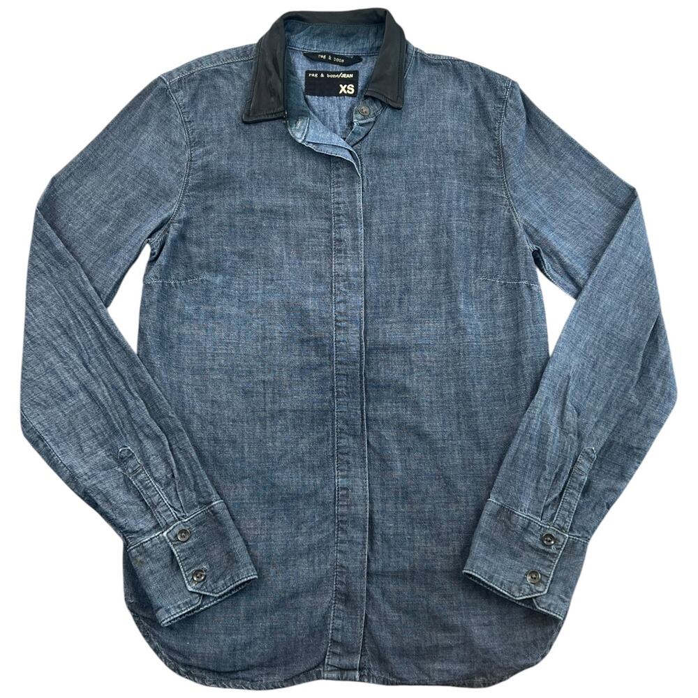 Rag & Bone Jean Blue Chambray Shirt Black Lamb Leather Collar Button Front XS